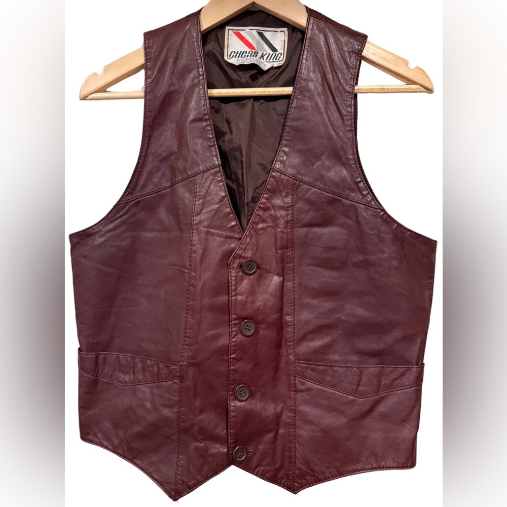 Chess King Vintage 1970s Genuine Leather Burgundy Vest Size M Western Rodeo
